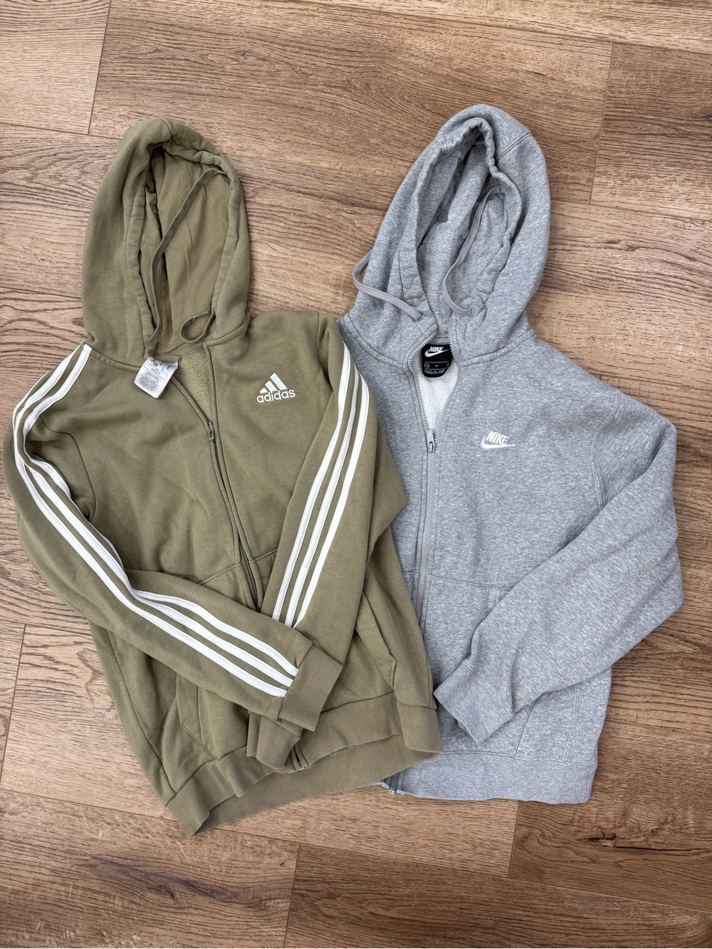 Adidas Mens Olive Green Hooded Zip Jacket with White Stripes And Gray Nike
